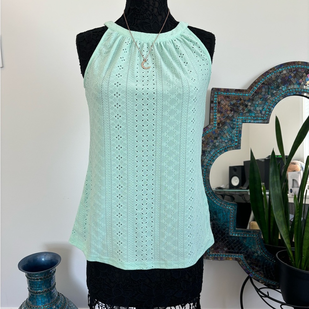 Zwurew Tank Top for Women High Neck Casual Pleated Eyelet Flowy Cami Blouse